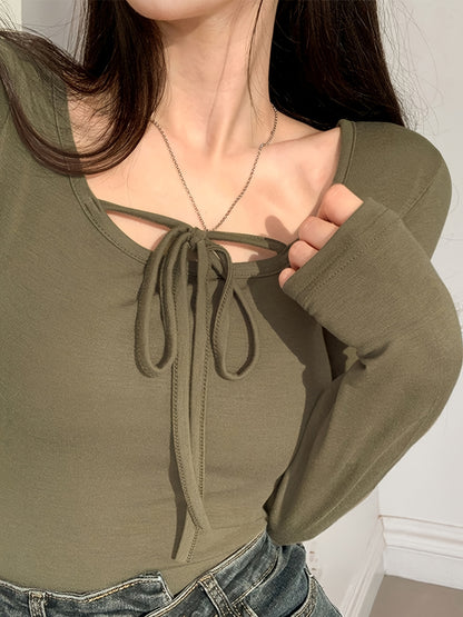 vlovelaw Solid Tied Crew Neck T-Shirt, Casual Long Sleeve Top For Spring & Fall, Women's Clothing