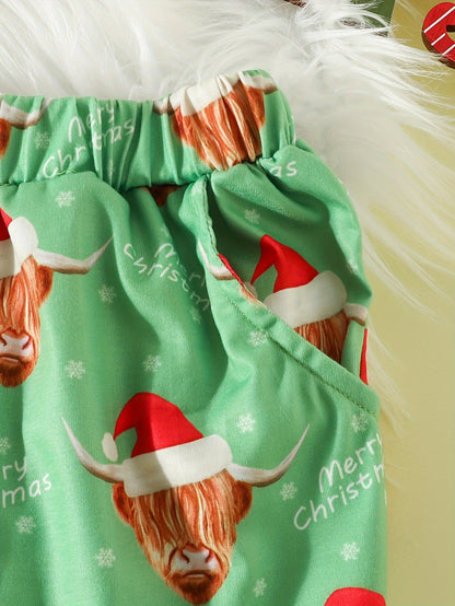 2pcs Boy's Santa Hat Bull Allover Print Crew Neck Outfit, Sweatshirt & Pants Set, Christmas Style Top, Kid's Clothes For Fall Winter Daily & Outdoor Wear, As Gift