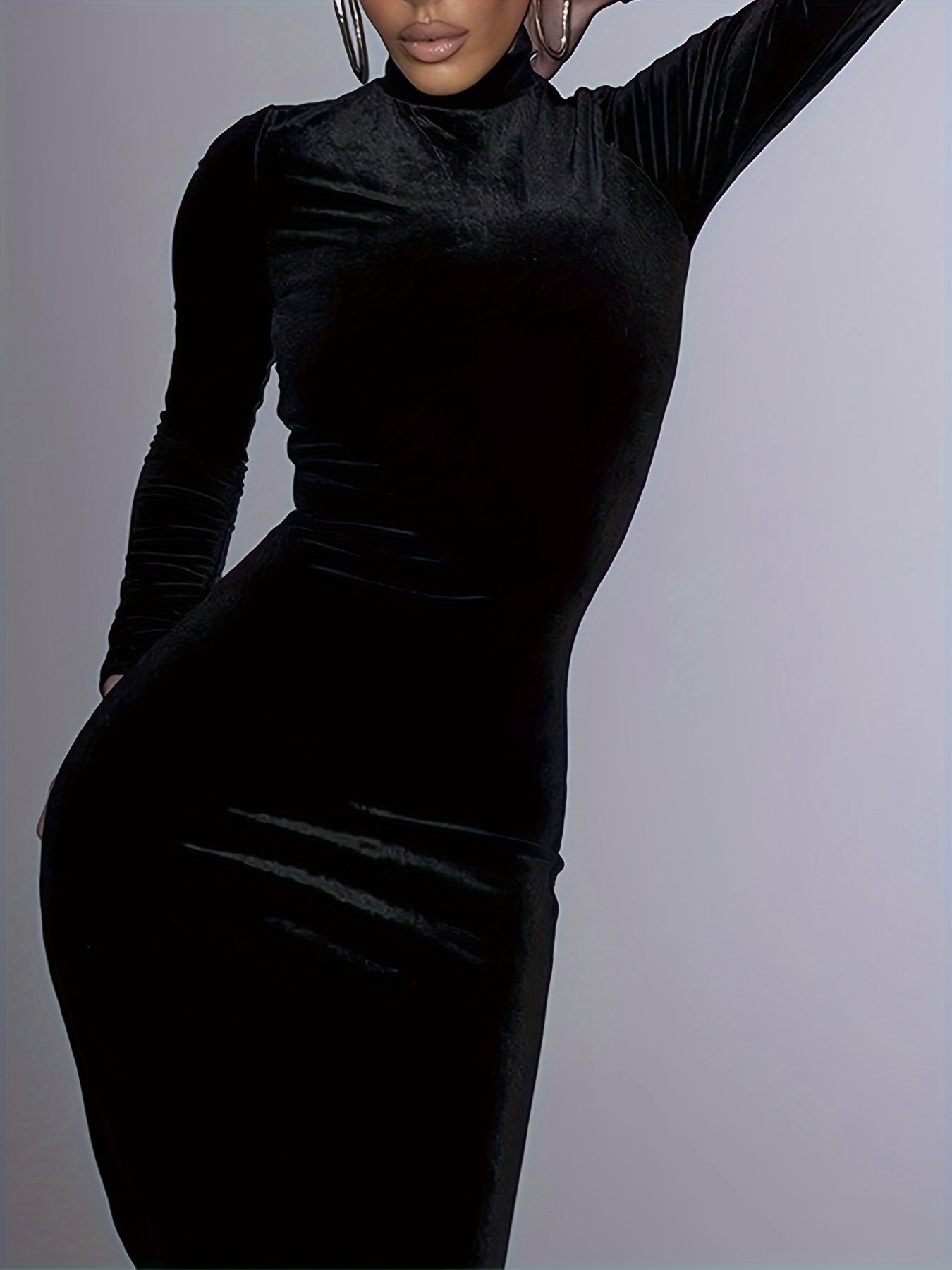 Velvet Mock Neck Dress, Elegant Long Sleeve Ruched Bodycon Dress, Women's Clothing