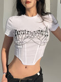 vlovelaw  Chain Decor Crop Top, Y2K Asymmetrical Hem Crew Neck Short Sleeve T-Shirt, Women's Clothing