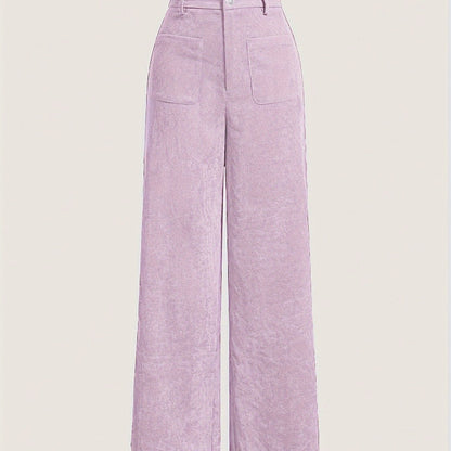 vlovelaw Solid Corduroy Straight Leg Pants, Vintage Patched Pocket Loose Pants, Women's Clothing