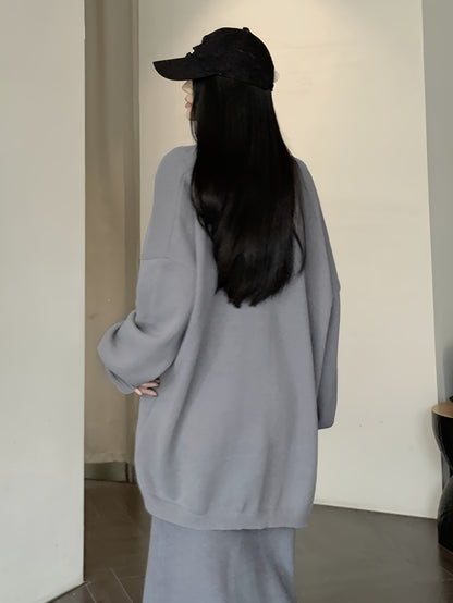 vlovelaw  Solid Drop Shoulder Loose Cardigan, Casual Long Sleeve Cardigan For Fall & Winter, Women's Clothing