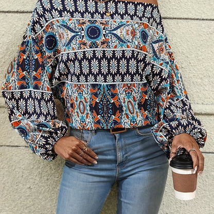 vlovelaw  Ethnic Graphic Print Blouse, Casual Off Shoulder Long Sleeve Blouse, Women's Clothing