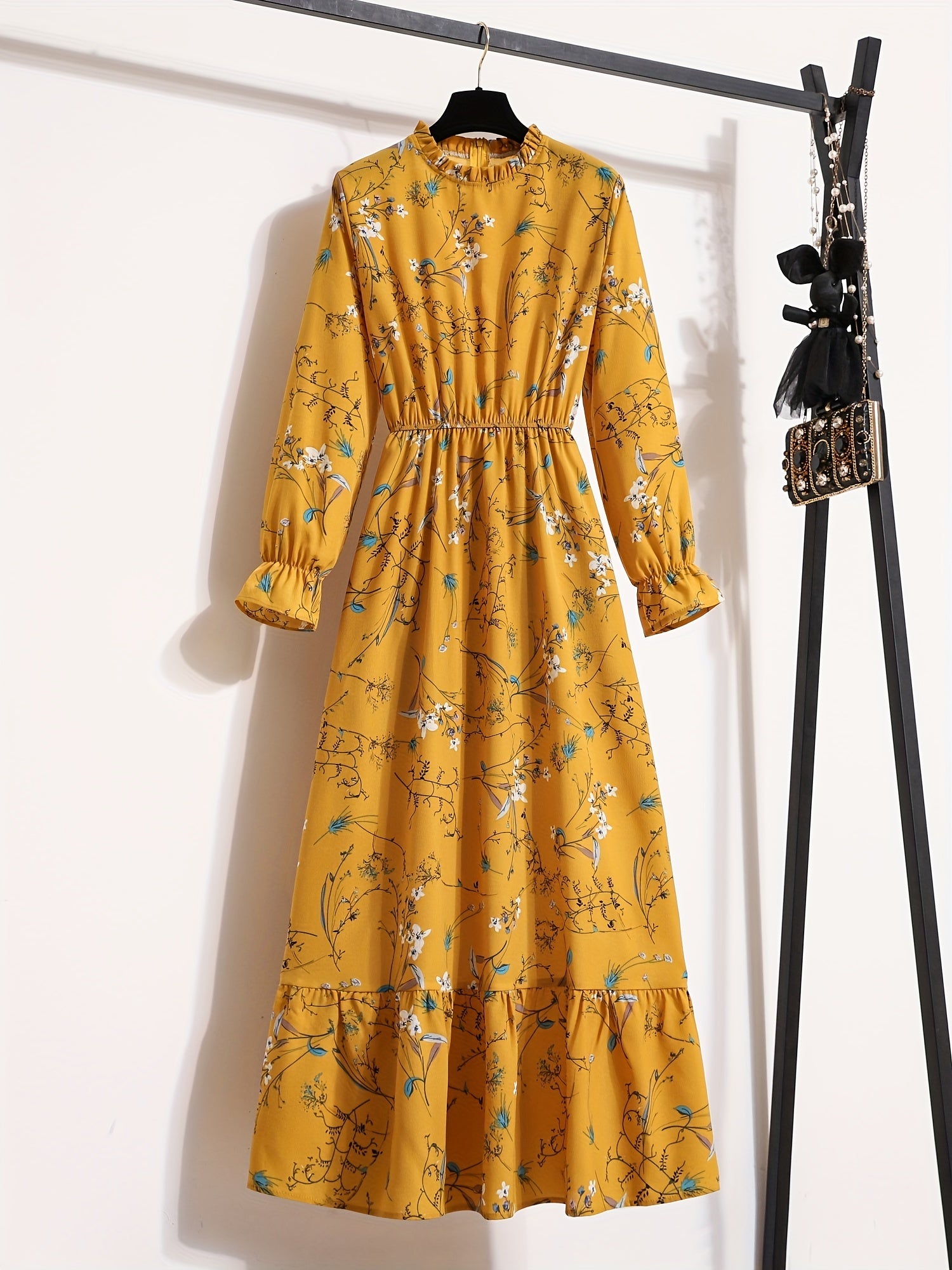 vlovelaw  Floral Print Ruffle Trim Dress, Elegant Stand Collar Long Sleeve Maxi Dress, Women's Clothing