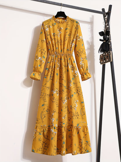 Floral Print Ruffle Trim Dress, Elegant Stand Collar Long Sleeve Maxi Dress, Women's Clothing