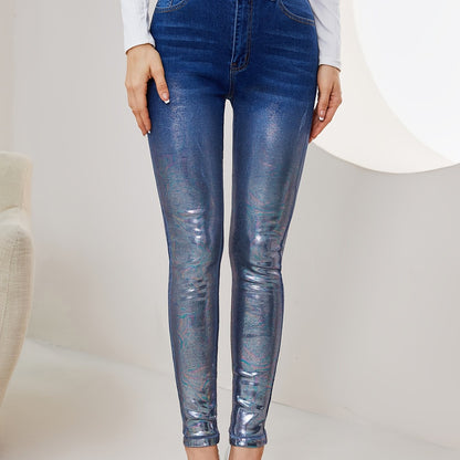 vlovelaw  Ombre Metallic Skinny Jeans, Fashion High Stretch Casual Denim Pants With Slant Pocket, Women's Denim Jeans & Clothing