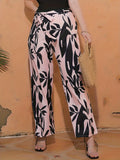 vlovelaw Plus Size Boho Pants, Women's Plus Colorblock Floral Print Wide Leg Belted Pants