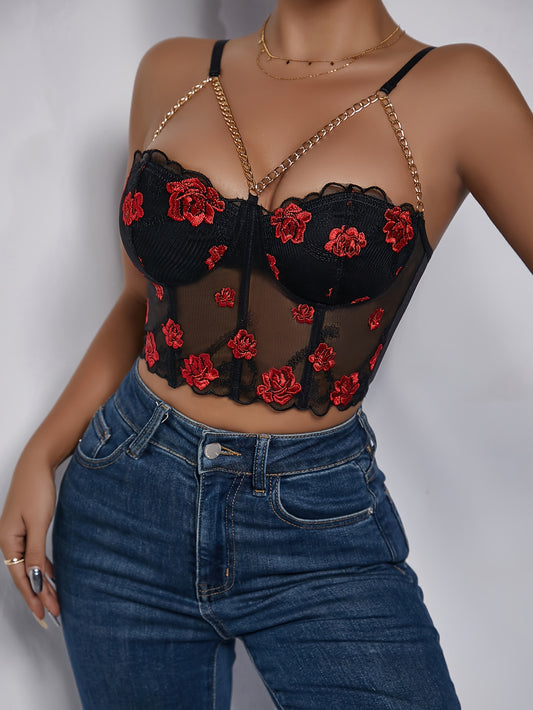 vlovelaw Corset Rose Embroidered Top, Sexy Bustier Chain Strap Crop Top For Summer, Women's Clothing