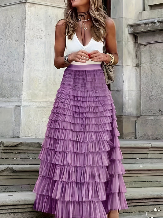 vlovelaw  Mesh Layered Hem Skirt, Boho High Waist Skirt, Women's Clothing