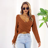 Sexy Solid Pullover Sweater, Long Sleeve V Neck Casual Crop Top For Spring & Fall, Women's Clothing