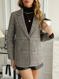 Plaid Print Button Front Blazer, Elegant Lapel Long Sleeve Blazer For Office & Work, Women's Clothing