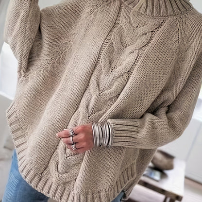 Cable Mock Neck Sweater, Vintage Batwing Sleeve Curved Hem Sweater, Women's Clothing