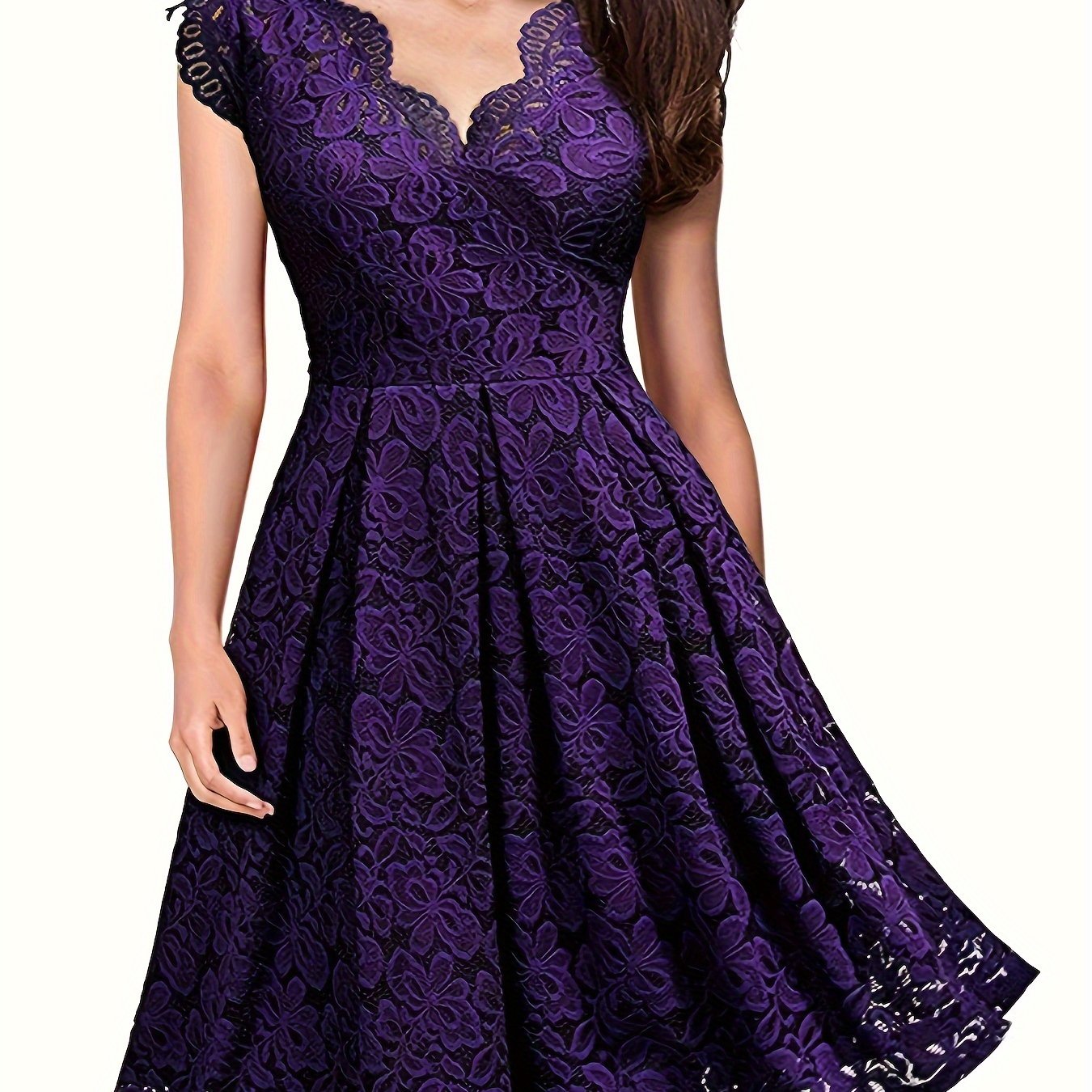 vlovelaw  Contrast Lace A-line Dress, Elegant V Neck Dress For Party & Banquet, Women's Clothing