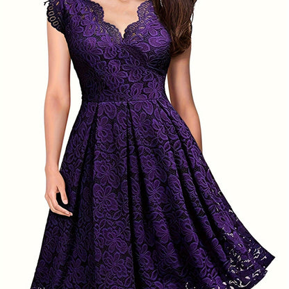 vlovelaw  Contrast Lace A-line Dress, Elegant V Neck Dress For Party & Banquet, Women's Clothing
