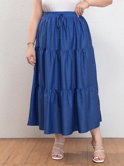 Plus Size Casual Skirt, Women's Plus Denim Print Drawstring Elastic High Rise Smock Skirt
