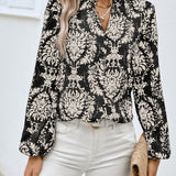 Ethnic Floral Print Blouse, Boho V Neck Long Sleeve Blouse, Women's Clothing
