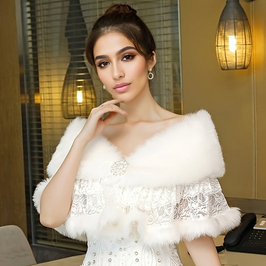 vlovelaw White Faux Fur Lace Shawl, Elegant Style Furry Cape With Rhinestone Buckle, Autumn Winter Soft Warm Fuzzy Shawl For Bridal Wedding