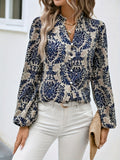 Ethnic Floral Print Blouse, Boho V Neck Long Sleeve Blouse, Women's Clothing