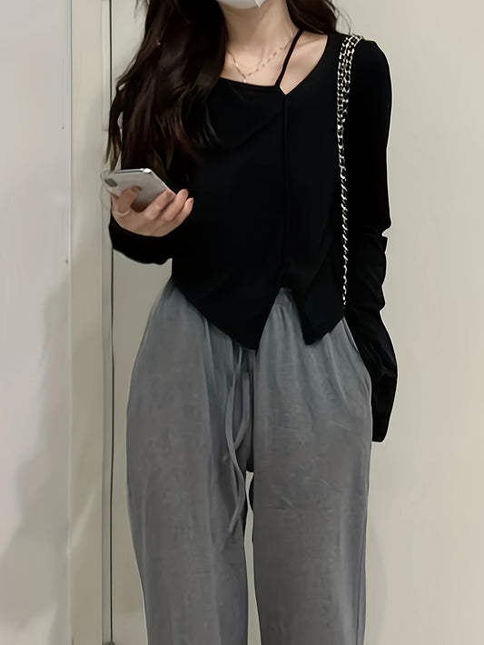 vlovelaw  Solid Asymmetric Neck T-Shirt, Stylish Long Sleeve Split Hem Top For Spring & Fall, Women's Clothing