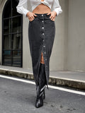 vlovelaw  Single Breasted Button Split Denim Midi Skirt, Slant Pockets Non-Stretch Denim Skirt, Women's Denim Clothing