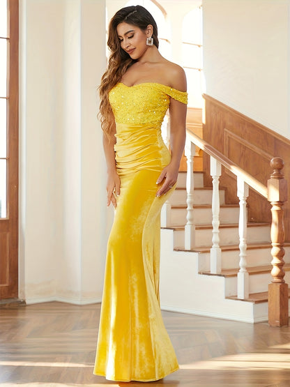 vlovelaw  Sequin Off Shoulder Bridesmaid Dress, Elegant Bodycon Dress For Wedding Party, Women's Clothing