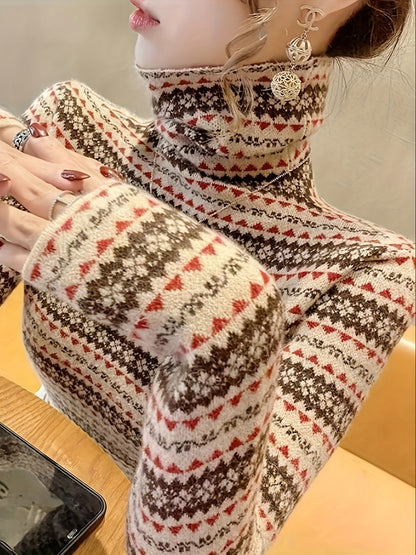 vlovelaw  Geometric Pattern Knitted Pullover Sweater, Casual Turtleneck Long Sleeve Top For Fall & Winter, Women's Clothing