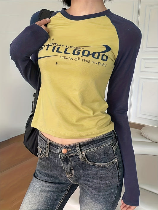 vlovelaw  Long Sleeve Raglan Casual Sports Shirts,Fashion Letter Graphic Y2k Style Street Long Sleeve Top,Women's Tops