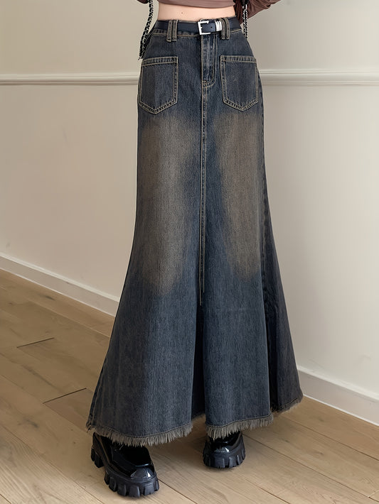 vlovelaw  Raw Hem Patch Pocket Trumpet Denim Skirt, Vintage Washed High Rise Elegant Maxi Denim Skirt, Women's Denim Jeans & Clothing