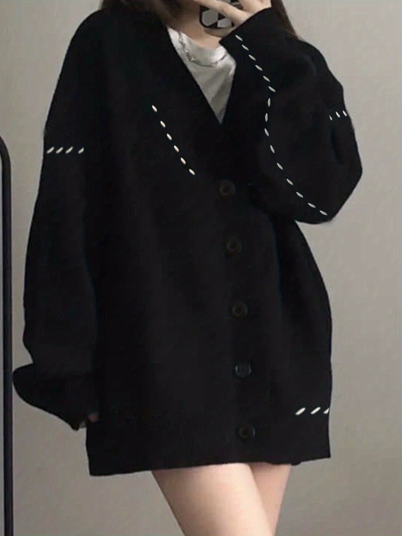 xieyinshe  V Neck Button Knit Cardigan, Preppy Long Sleeve Drop Shoulder Sweater, Women's Clothing