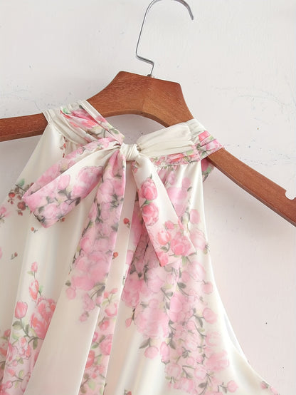 vlovelaw Lace Up Floral Print Halter Neck Dress, Elegant Sleeveless Dress For Spring & Summer, Women's Clothing
