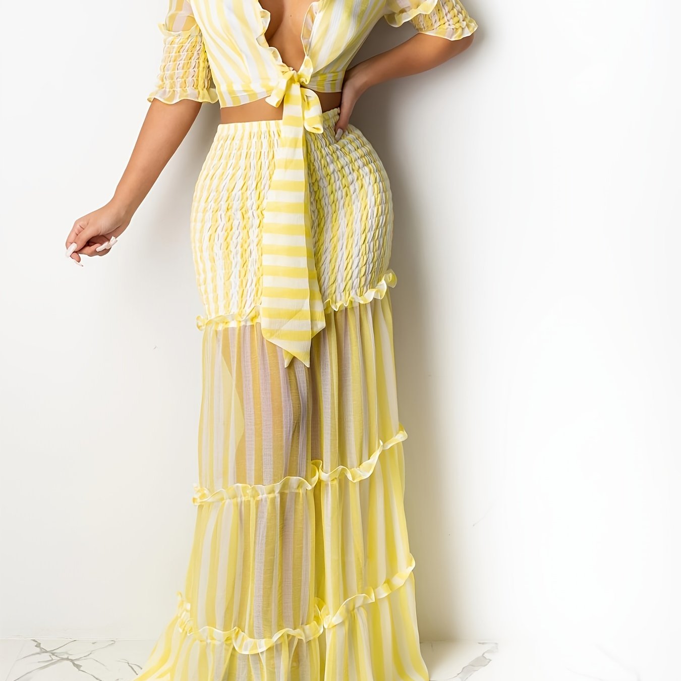 vlovelaw  Sexy Striped Chiffon Print Skirt Two-piece Set, Lace Up Crop Tops & High Waist Long Skirt Set, Women's Clothing