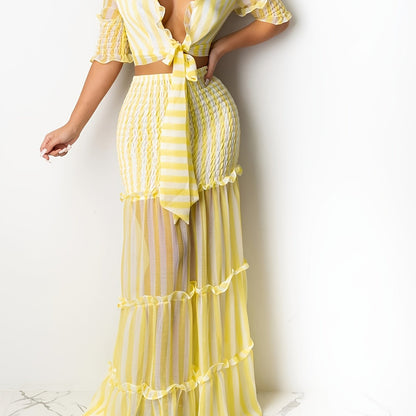 vlovelaw  Sexy Striped Chiffon Print Skirt Two-piece Set, Lace Up Crop Tops & High Waist Long Skirt Set, Women's Clothing