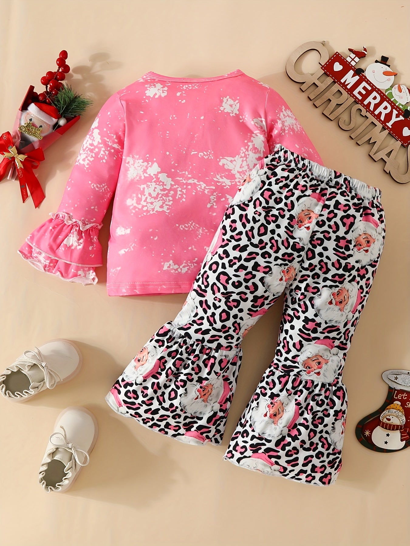 Baby Cute Santa Claus Head Long Sleeve Top + Cute Allover Print Pants, Kid's Christmas Pary Casual Clothes