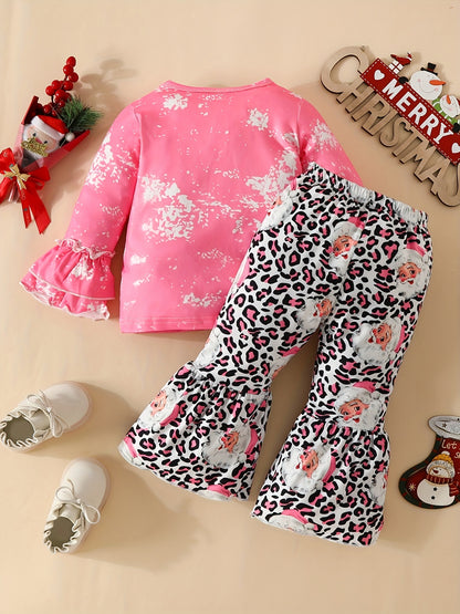 Baby Cute Santa Claus Head Long Sleeve Top + Cute Allover Print Pants, Kid's Christmas Pary Casual Clothes