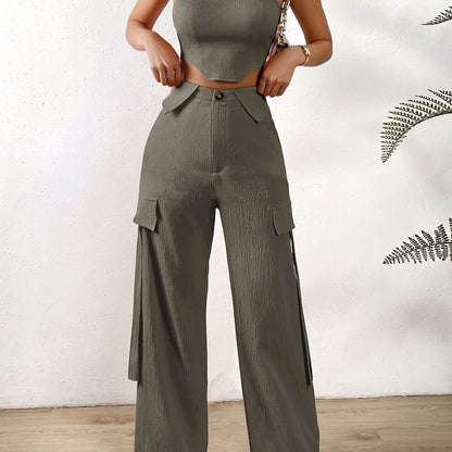 vlovelaw  Solid Color Two-piece Set, Tie Back Tube Top & Button Long Pants Outfits, Women's Clothing