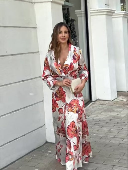 Fashion Bohemian Print Split Joint V Neck A Line Dresses
