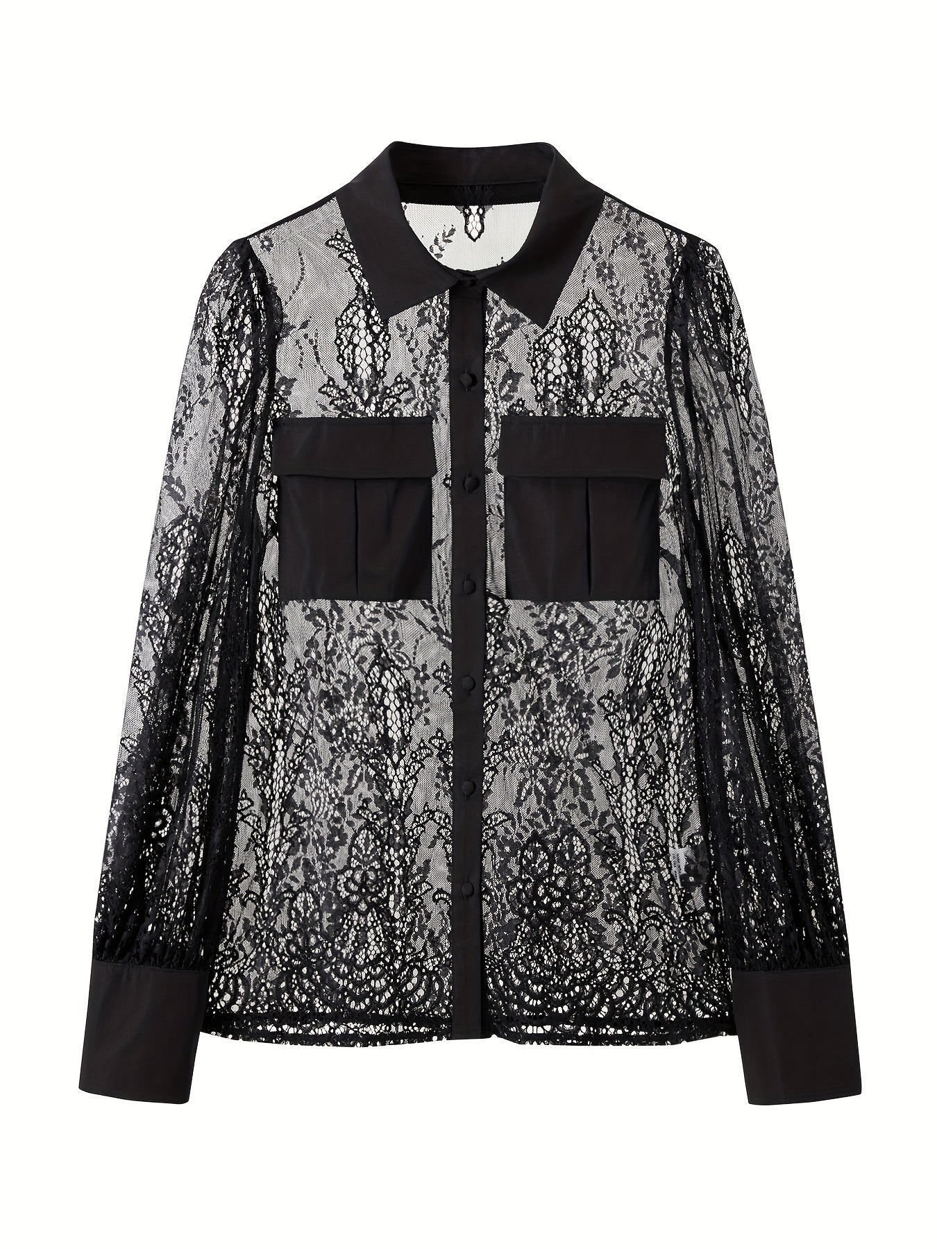 vlovelaw  See Through Pocketed Sheer Mesh Blouse, Long Sleeve Button Front Blouse, Women's Clothing