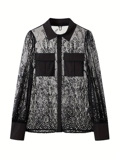 vlovelaw  See Through Pocketed Sheer Mesh Blouse, Long Sleeve Button Front Blouse, Women's Clothing