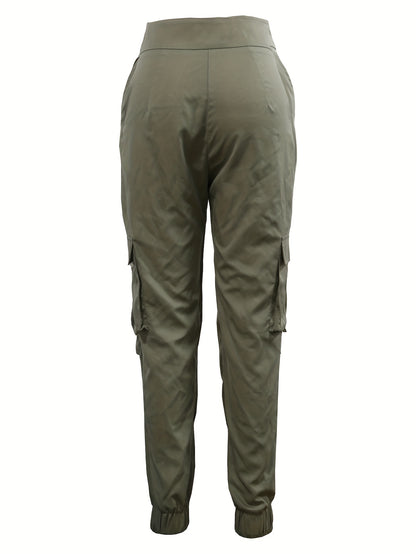 Solid Flap Pocket Jogger Cargo Pants, Vintage High Waist Fashion Pants, Women's Clothing