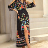 vlovelaw Floral Print Cold Shoulder Dress, Elegant Split V Neck Dress For Spring & Summer, Women's Clothing