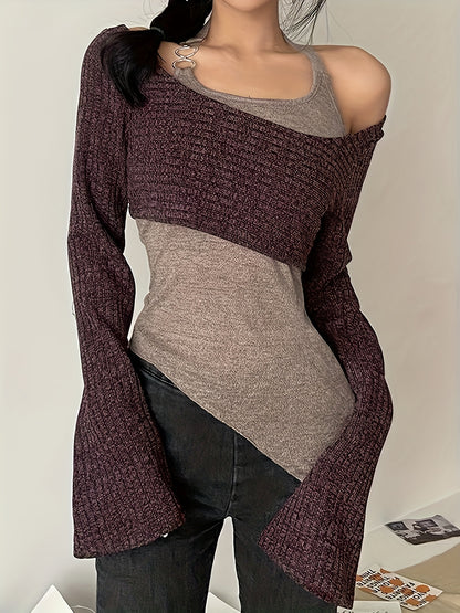 vlovelaw  Halter Neck Layered T-Shirt, Y2K Asymmetric Hem Long Sleeve Top, Women's Clothing
