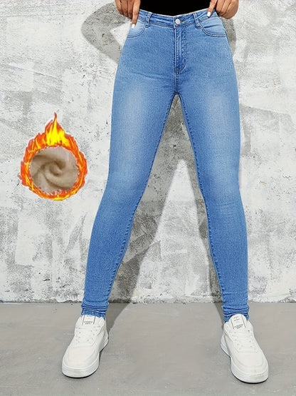 vlovelaw  Slim Fit Casual Skinny Jeans, Fleece Liner High Stretch Keep Warm Tight Jeans, Women's Denim Jeans & Clothing