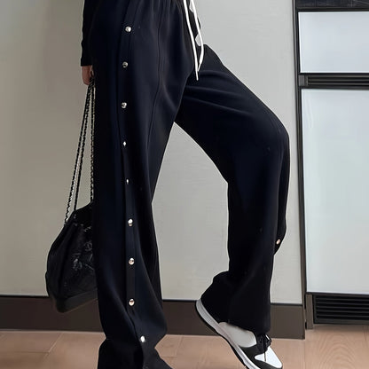 vlovelaw  Solid Button Side Loose Pants, Casual Street Pants For Spring & Fall, Women's Clothing