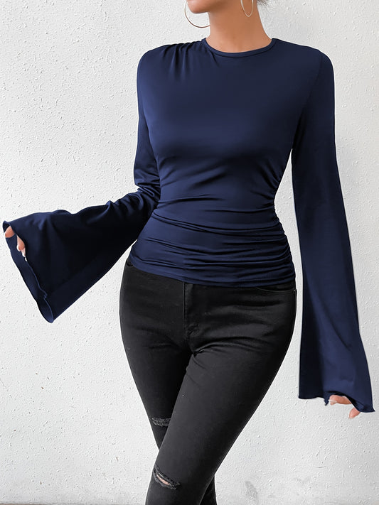 vlovelaw  Solid Ruched Crew Neck T-Shirt, Casual Long Flare Sleeve Top For Spring & Fall, Women's Clothing
