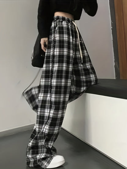 vlovelaw  Plaid Drawstring Straight Leg Pants, Casual Loose Pants For Spring & Fall, Women's Clothing
