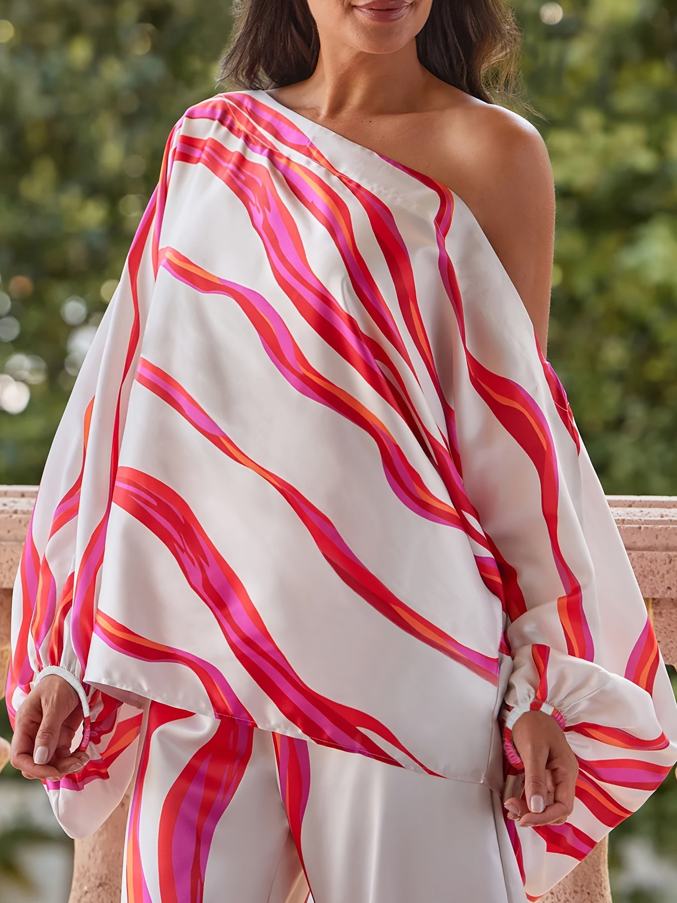 vlovelaw  Abstract Print One-shoulder Blouse, Casual Lantern Sleeve Blouse For Spring & Fall, Women's Clothing