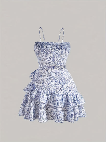 vlovelaw  Floral Print Cami Dress, Elegant Backless Layered Ruffle Hem Dress For Spring & Summer, Women's Clothing