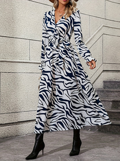 Zebra Stripe Print Lantern Sleeve Dress, Surplice Neck Tie-waist Dress, Women's Clothing