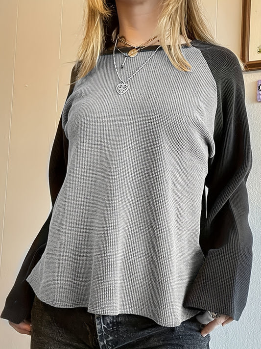 vlovelaw  Colorblock Crew Neck T-Shirt, Casual Raglan Sleeve Top For Spring & Fall, Women's Clothing