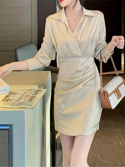 vlovelaw Solid Button Front Lapel Dress, Elegant Cuff Sleeve Cinched Waist Ruched Dress, Women's Clothing